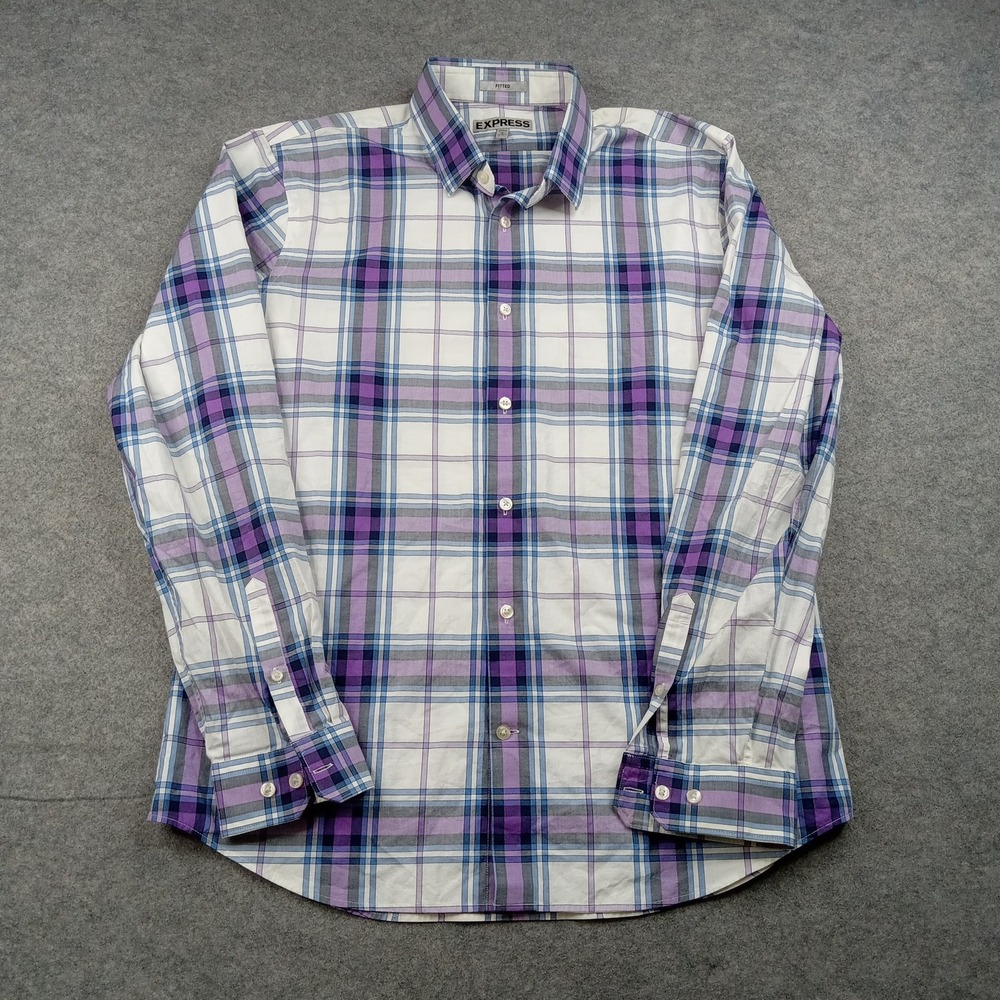 Express Shirt Mens L 16.5 White Purple Plaid Slim Fit Cotton Dress Long Sleeve